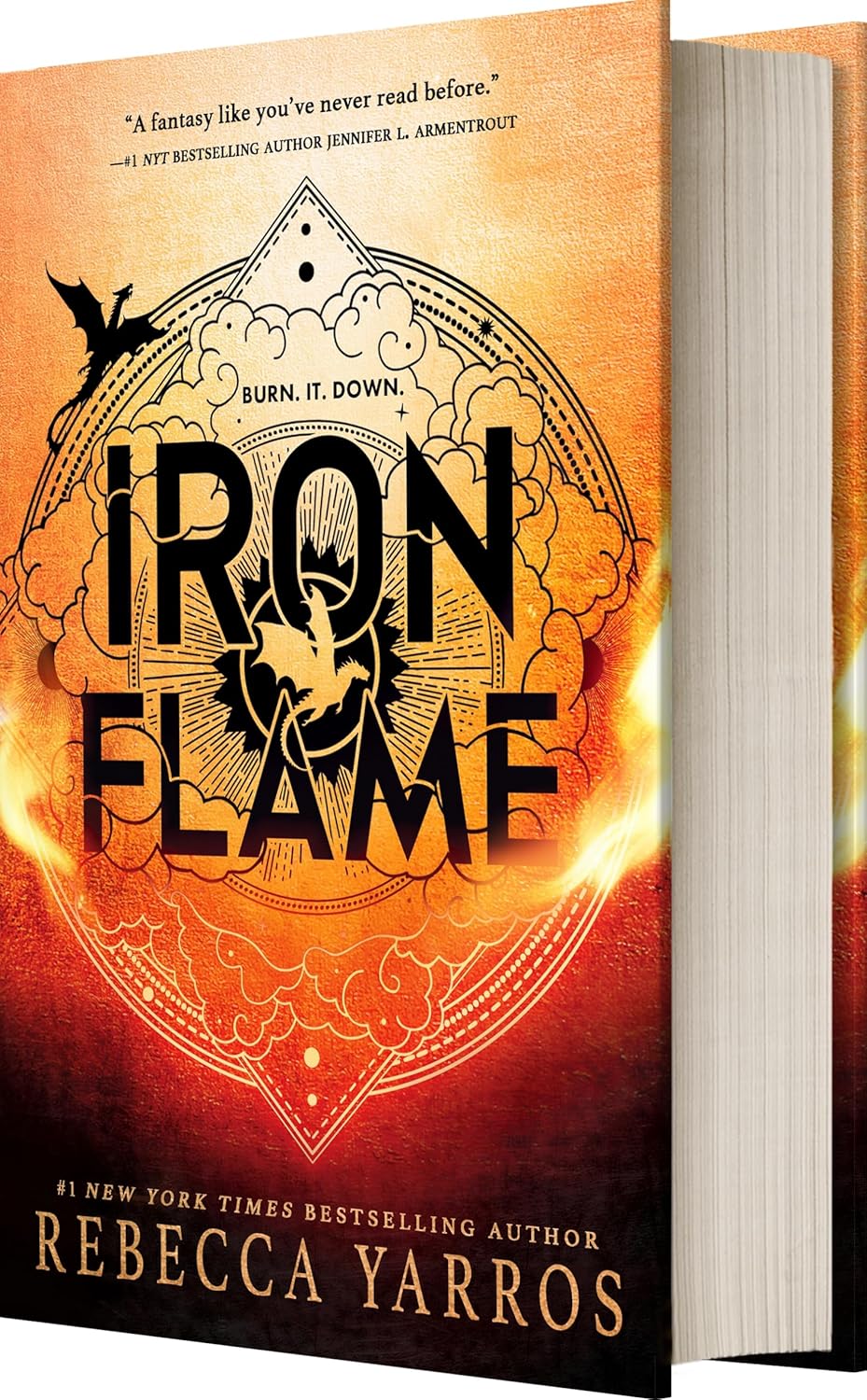 Book titled 'Iron Flame' by Rebecca Yarros with fiery design on the cover.