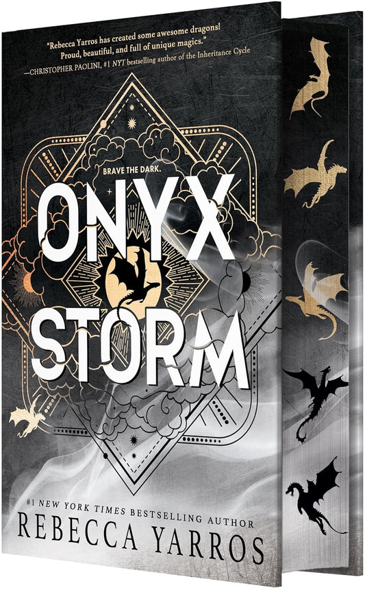 Cover of the book 'Onyx Storm' by Rebecca Yarros, featuring a black and white design with a dragon motif and the title prominently displayed.