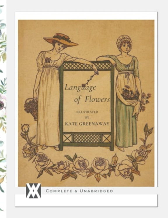 Book cover of 'The Language of Flowers' by Kate Greenaway with illustrations of two women and floral design.