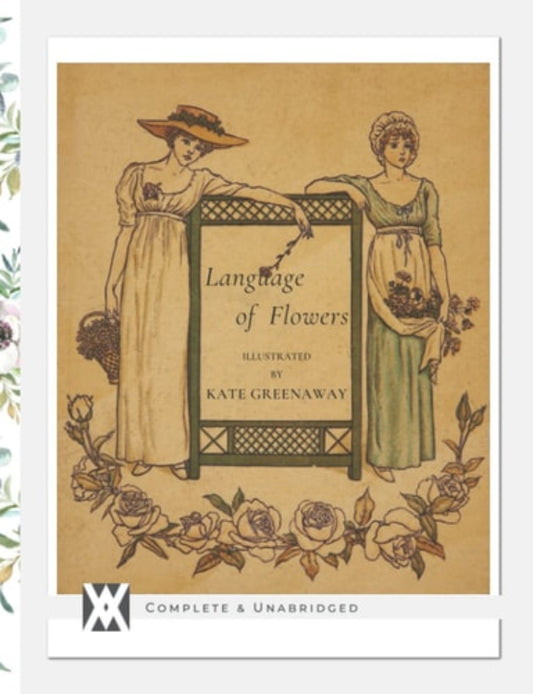 Book cover of 'The Language of Flowers' by Kate Greenaway with illustrations of two women and floral design.