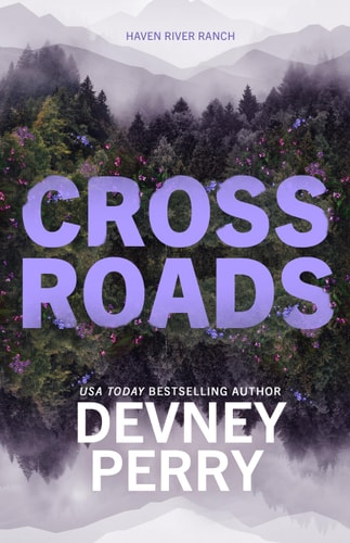 Book cover for 'Crossroads' by Devney Perry featuring a title in large purple letters over a background of a green landscape with trees and mountains.