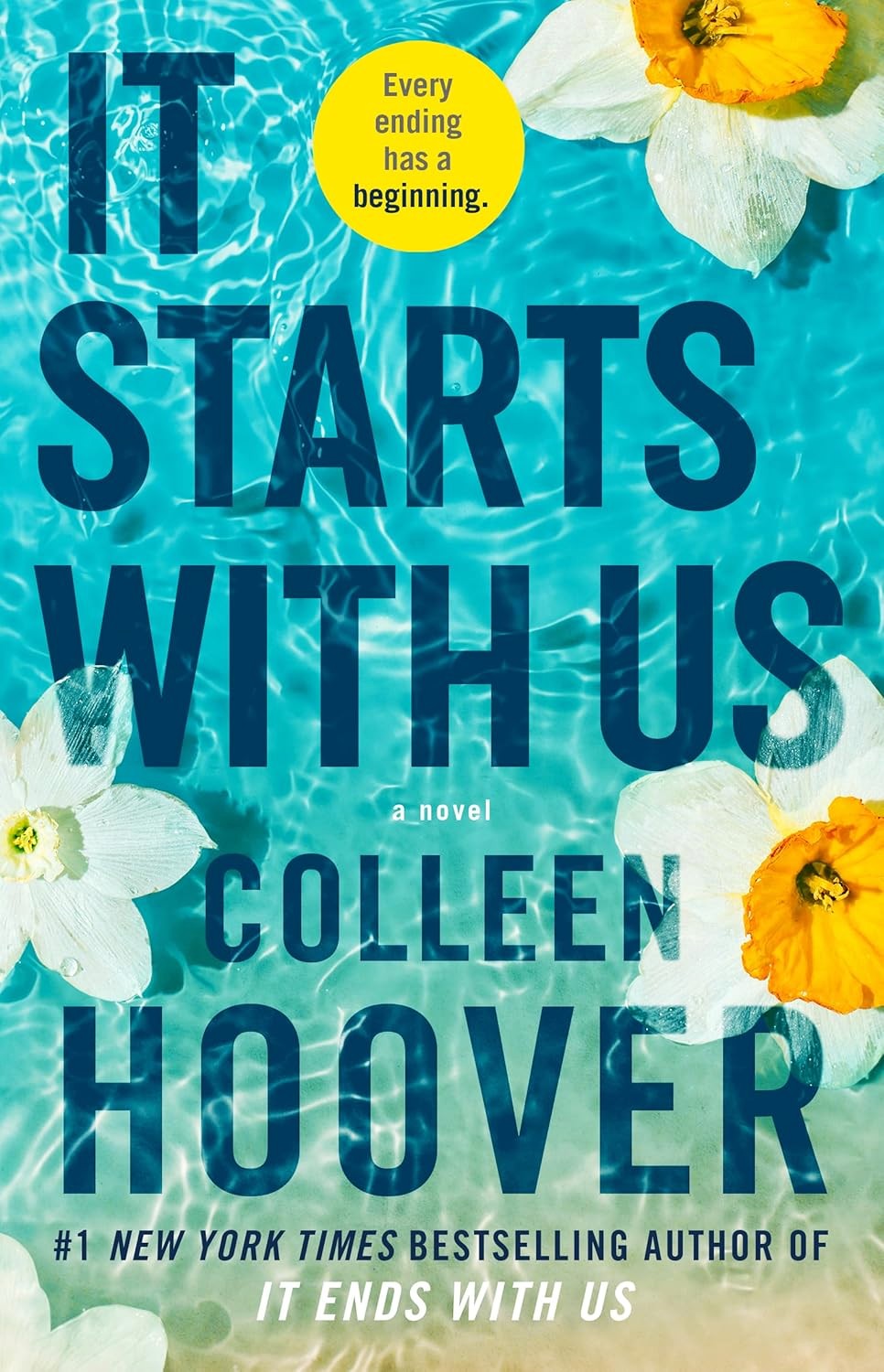 Book cover of 'It Starts With Us' by Colleen Hoover with floral elements and blue background