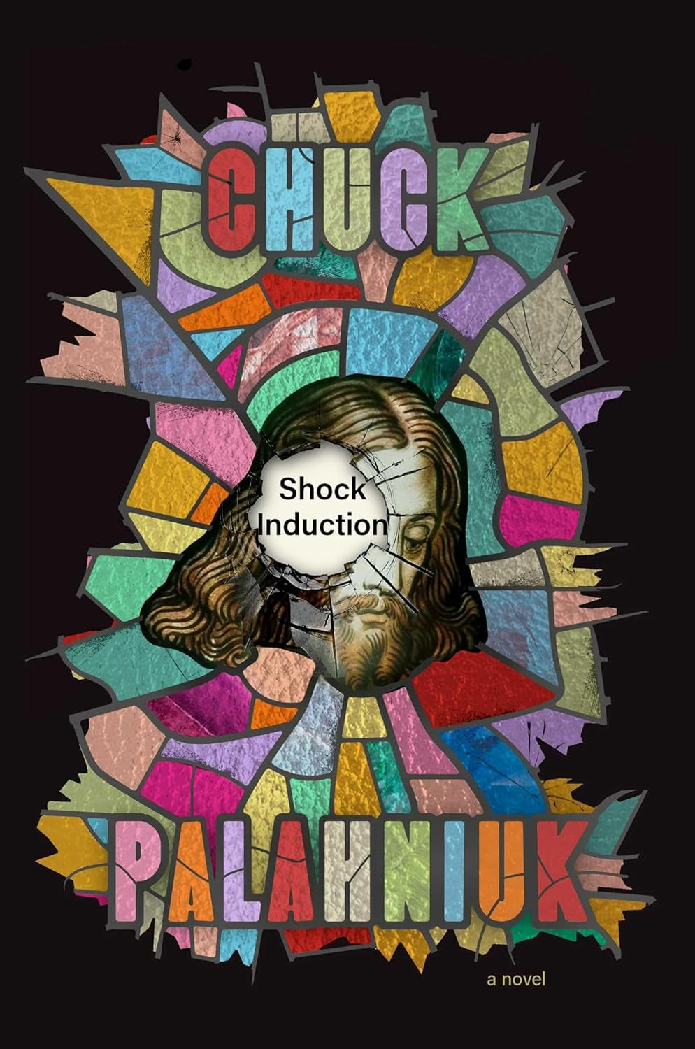 This image features the cover of "Shock Induction" by Chuck Palahniuk. The book's cover is designed with a vibrant, artistic montage of colorful, abstract shapes and images that evoke a sense of chaos and complexity.