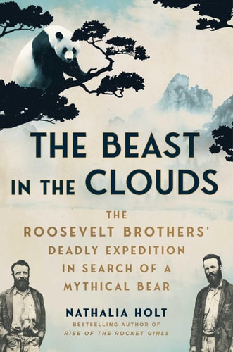 Book cover of 'The Beast in the Clouds' with two men and a panda illustration.