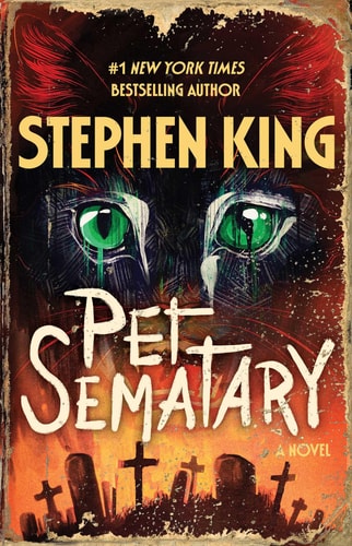 This image features the cover of Stephen King’s novel "Pet Sematary." The design employs a vivid and haunting backdrop of a dark, forested area with an eerie, red-tinted sky, enhancing the sense of foreboding.