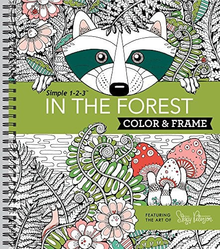 Coloring book titled 'In the Forest' with a raccoon illustration on a green background.