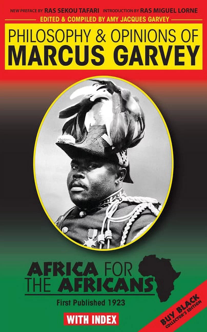 Cover of the book 'Philosophy and Opinions of Marcus Garvey: Africa for the Africans' featuring a portrait of Marcus Garvey with a yellow and red decorative border.