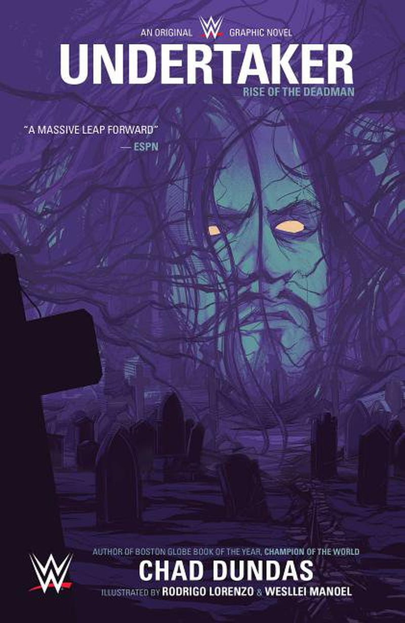 Cover of the WWE Undertaker graphic novel featuring an illustration of the character Undertaker with a dark and dramatic background, including a cityscape and a cemetery.