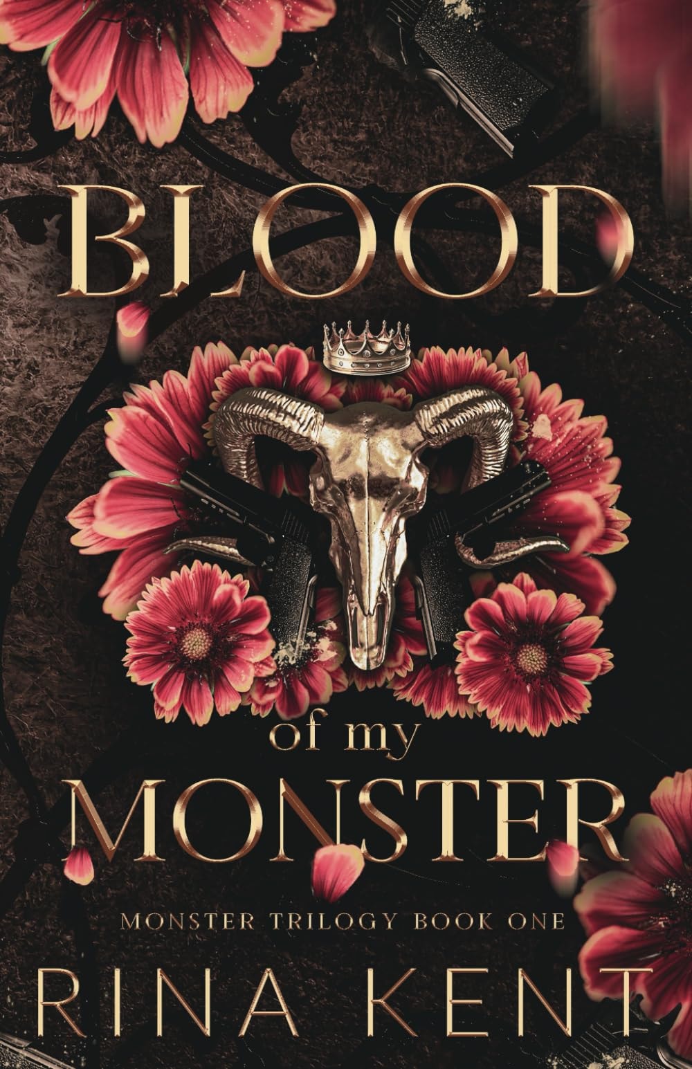 Book cover of 'Blood of My Monster' with skull and flowers design