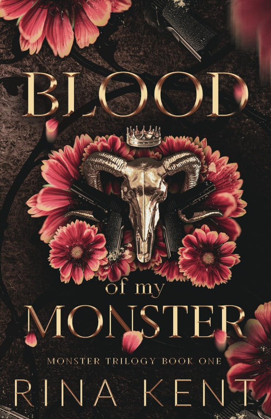 Book cover of 'Blood of My Monster' with skull and flowers design