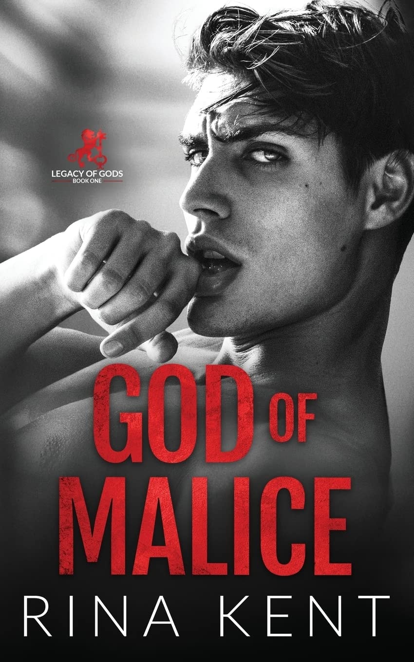 Book cover of 'God of Malice' by Rina Kent featuring a person with a fist to their mouth.
