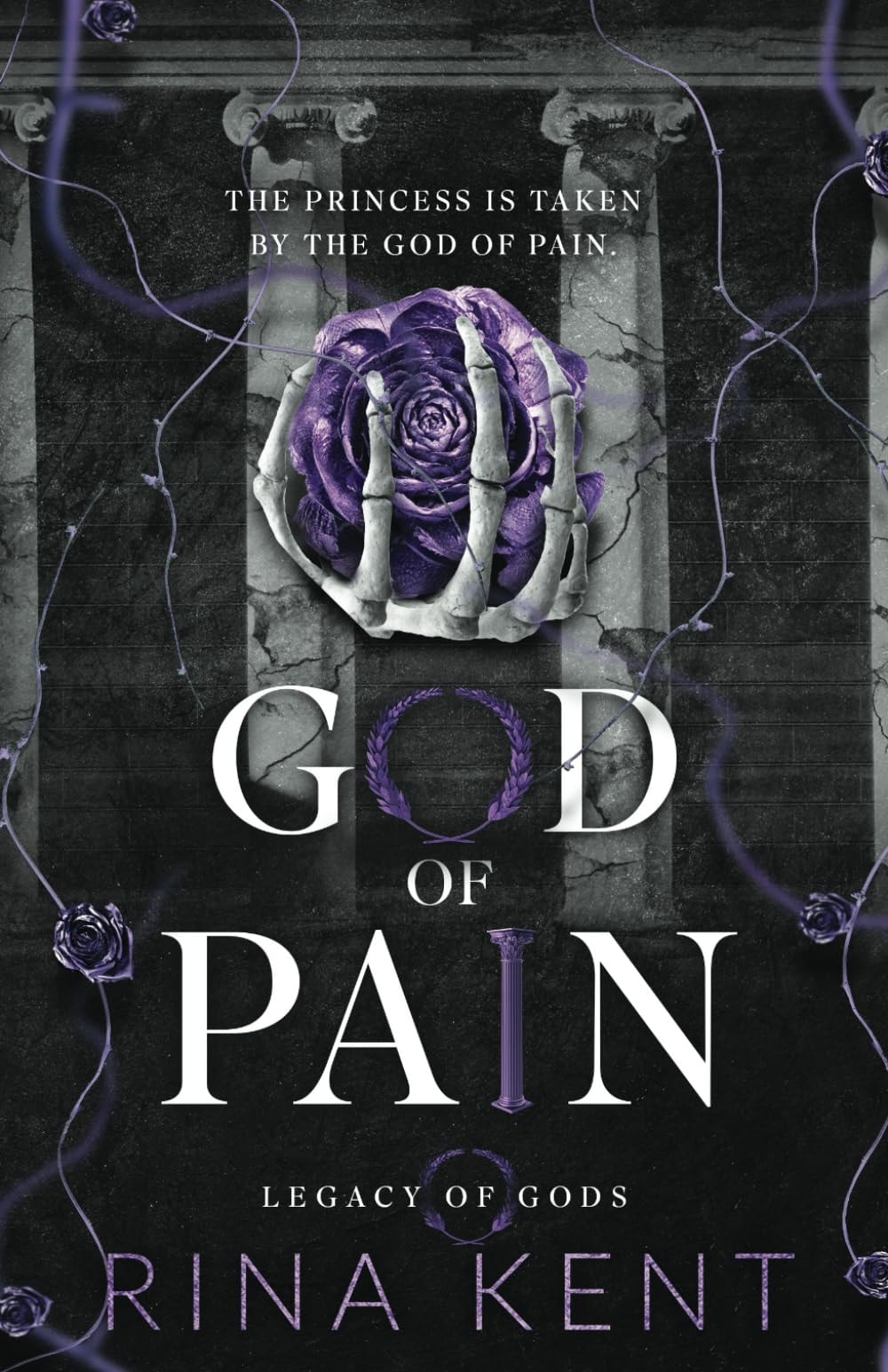 Book cover of 'God of Pain' by Rina Kent featuring a purple rose and text on a dark background.