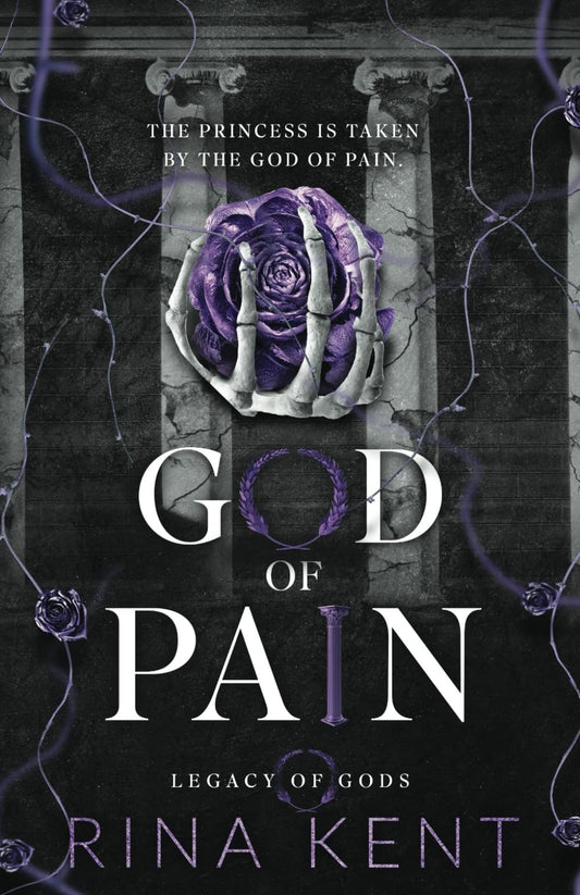 Book cover of 'God of Pain' by Rina Kent featuring a purple rose and text on a dark background.