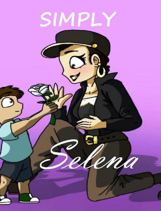 Book front cover of 'Simply Selena by C. Martinez-Mangold and Madeline Hein' featuring an illustration of a woman in a hat holding a white flower to a child's face, with the title 'Simply Selena' and the author's name below.