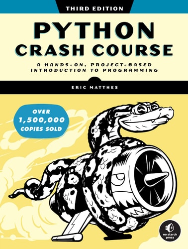 Book cover of 'Python Crash Course' with a cartoon snake and text about programming.