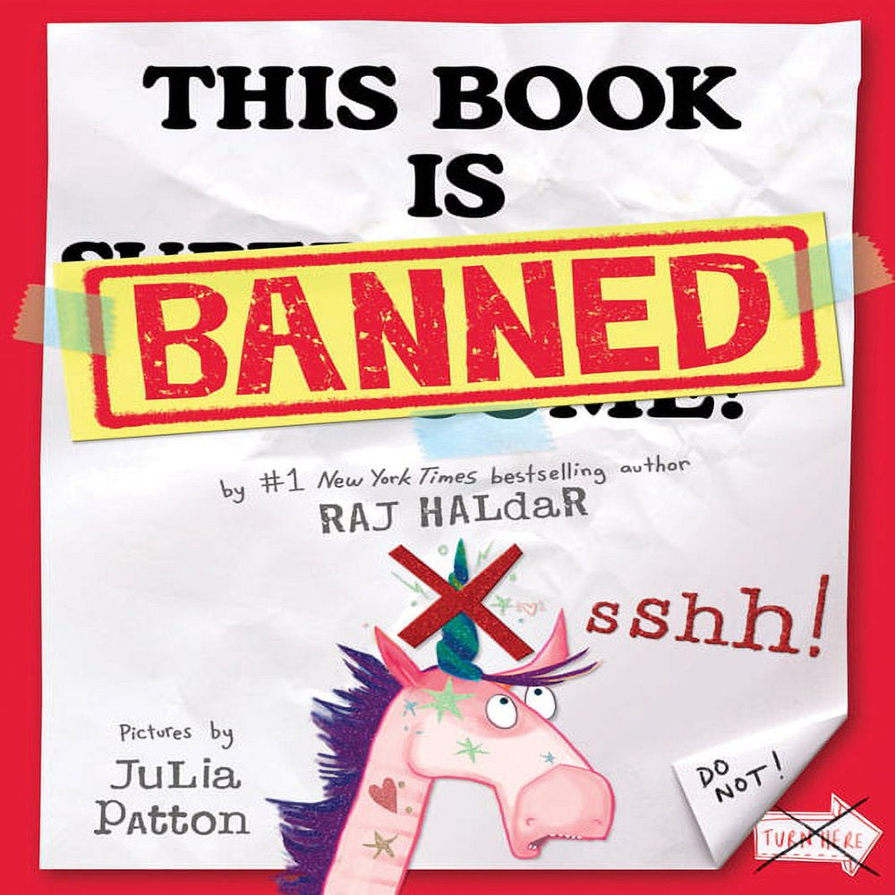 The image features the cover of a children's picture book titled "This Book Is Banned" by Raj Haldar. The cover is designed with a whimsical and colorful aesthetic.