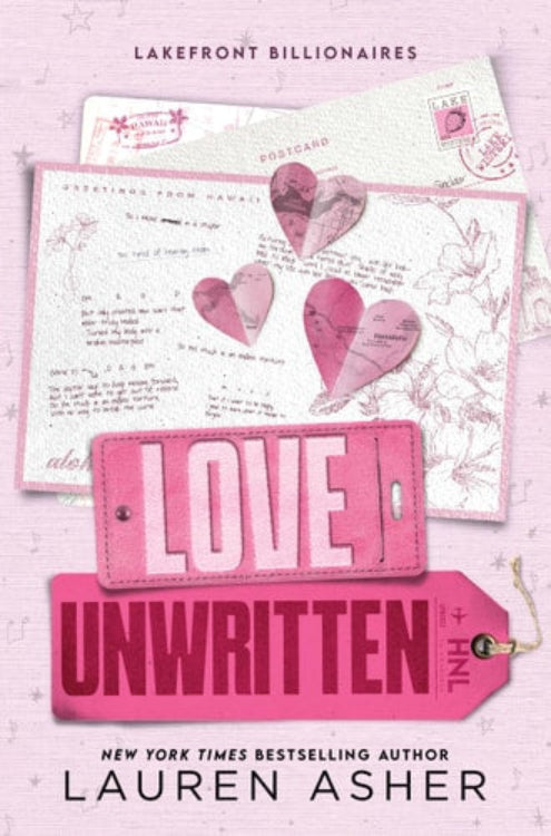 The cover of the book 'Love Unwritten: Lakefront Billionaires' by Lauren Asher, featuring a pink and purple design with heart shapes and musical notes.