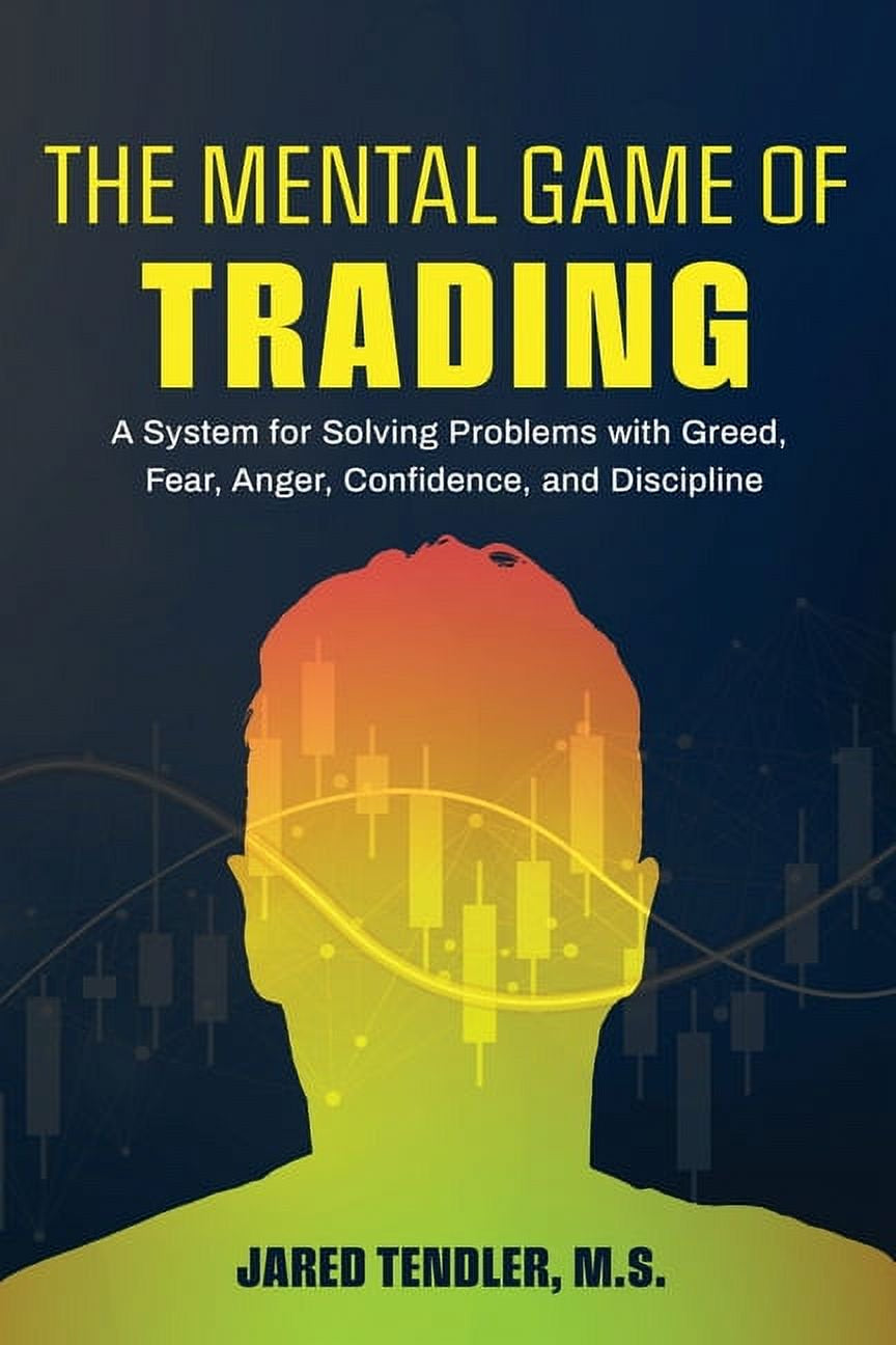 Book front cover of 'The Mental Game of Trading' by Jared Tendler, featuring a silhouette of a human's head from the shoulder's up, with a high opacity, showing a financial candlestick chart going across the middle center.