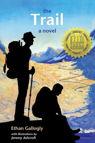Book cover of 'The Trail: A Novel' featuring silhouettes of a hiker and a mountain landscape with a award seal from Next Gen Indie Book Awards.
