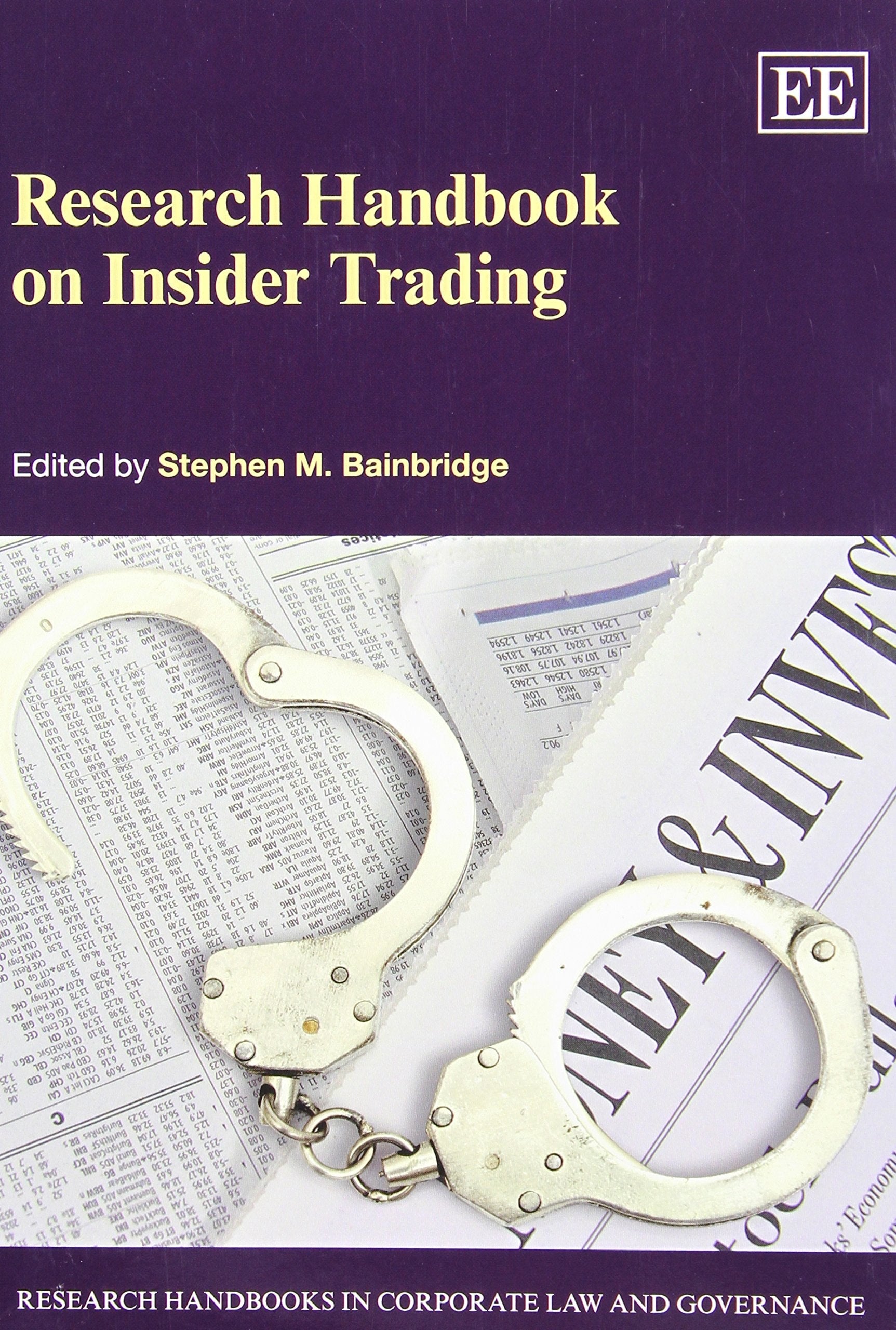 Book cover of 'Research Handbook on Insider Trading' with handcuffs and newspaper on a purple background