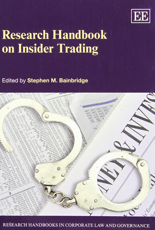 Book cover of 'Research Handbook on Insider Trading' with handcuffs and newspaper on a purple background
