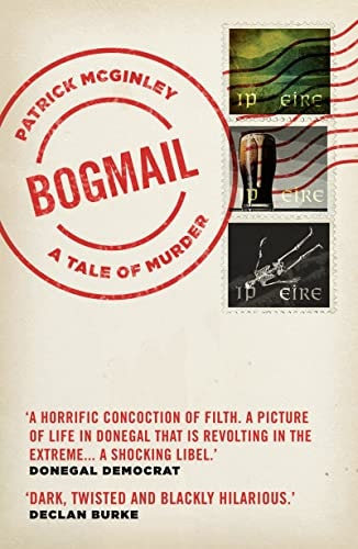 Book cover of 'Bogmail' by Patrick Mcginley with postage stamp design and text.
