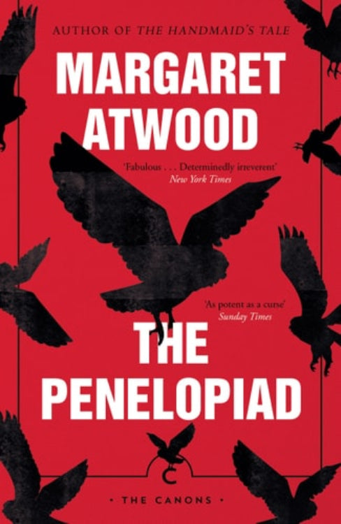 Cover of the book 'The Penelopiad (The Canons)' by Margaret Atwood, featuring a red background with a silhouette of a bird in flight and the title text displayed prominently.