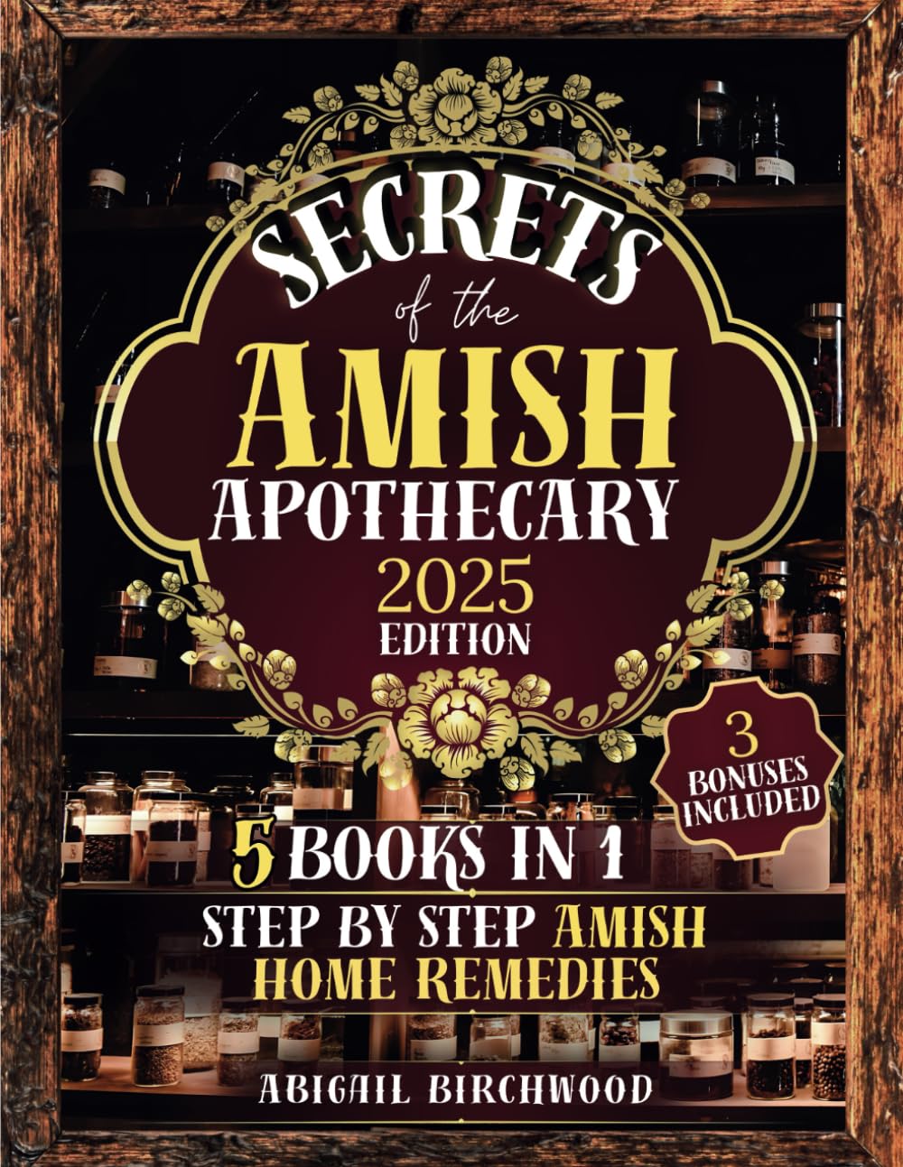 Book cover of 'Secrets of the Amish Apothecary' with a vintage apothecary theme.