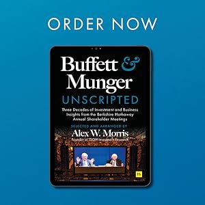 Book cover of 'Buffett & Munger Unscripted' on a blue background with 'ORDER NOW' text.