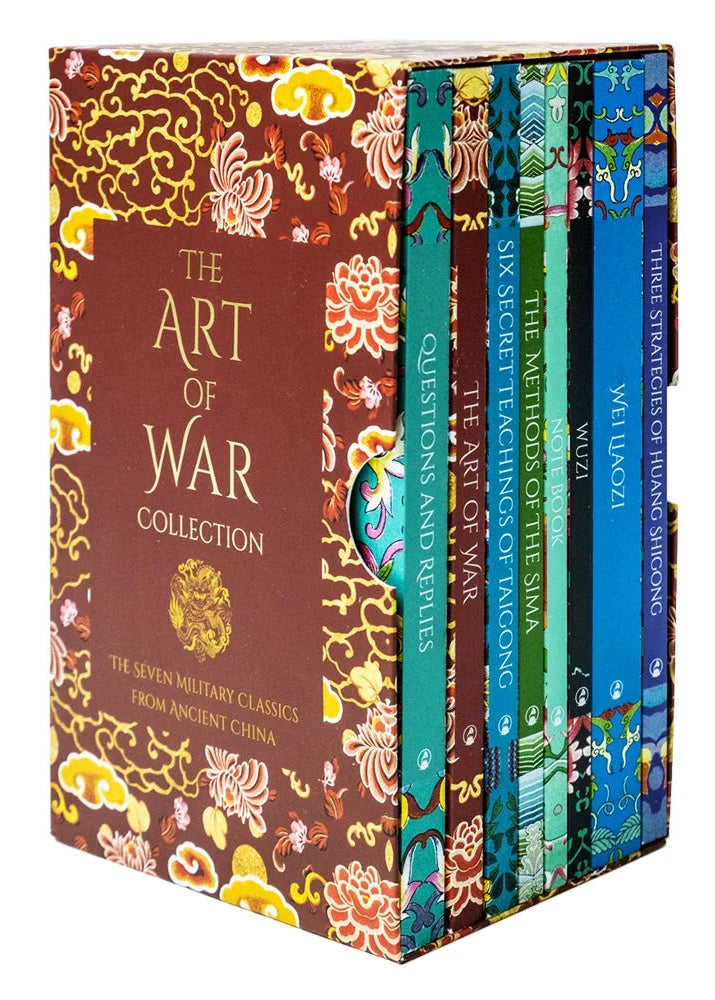 A box set of books with various titles related to ancient Chinese military strategy, including 'The Art of War' and 'Six Secret Teachings of Taigong'. The set is presented in a decorative box with floral and geometric patterns.