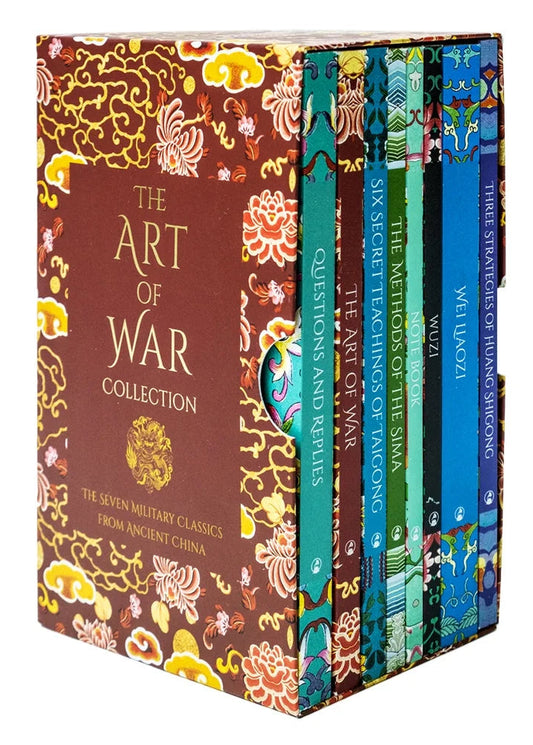 A box set of books with various titles related to ancient Chinese military strategy, including 'The Art of War' and 'Six Secret Teachings of Taigong'. The set is presented in a decorative box with floral and geometric patterns.