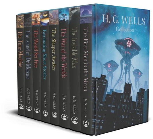 Book box set of "H.G. Wells Complete Book Box-Set" collection from angled view showing book titles from spines.