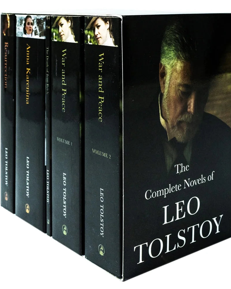 A box set of Leo Tolstoy books, including 'War and Peace' and 'Anna Karenina' among others, with a black spine and a portrait of Tolstoy on the front cover.