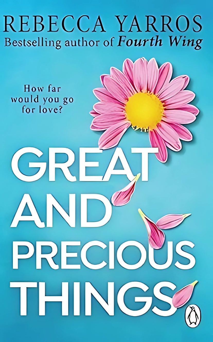 Book cover of 'Great and Precious Things' with a pink flower on a blue background