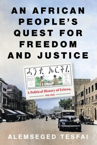 Book cover of 'An African People's Quest for Freedom and Justice' with a city street scene and newspaper graphic.