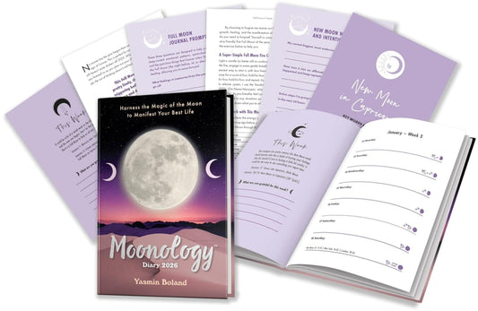 Book display of 'Moonology: Diary 2026' by Yasmin Boland with pages open on a white background