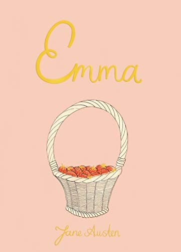 Book cover for 'Emma' by Jane Austen, featuring a pink background with a yellow cursive title, an illustration of a wicker basket filled with strawberries, and the author's name in yellow script at the bottom.