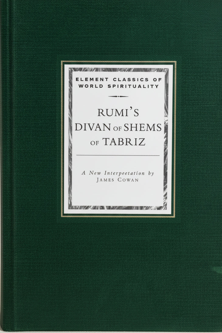 Green book titled 'Rumi's Divan of Shems of Tabriz' with a white label on a green background