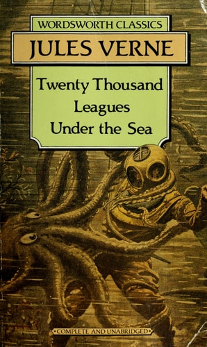 Cover of the book 'Twenty Thousand Leagues Under the Sea' by Jules Verne, featuring an illustration of an underwater scene with a submarine and sea creatures.