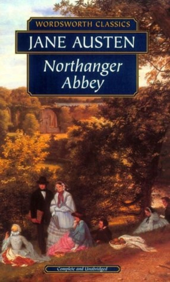 Cover of the book 'Northanger Abbey' by Jane Austen, featuring an illustration of a young woman in historical clothing sitting on a rock by a river, with a man standing beside her.