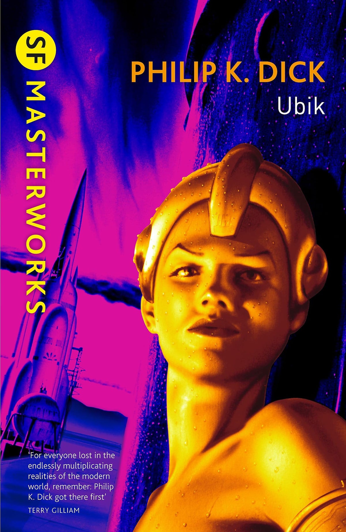 Book cover of 'Ubik' by Philip K. Dick with a futuristic woman and spaceship design.