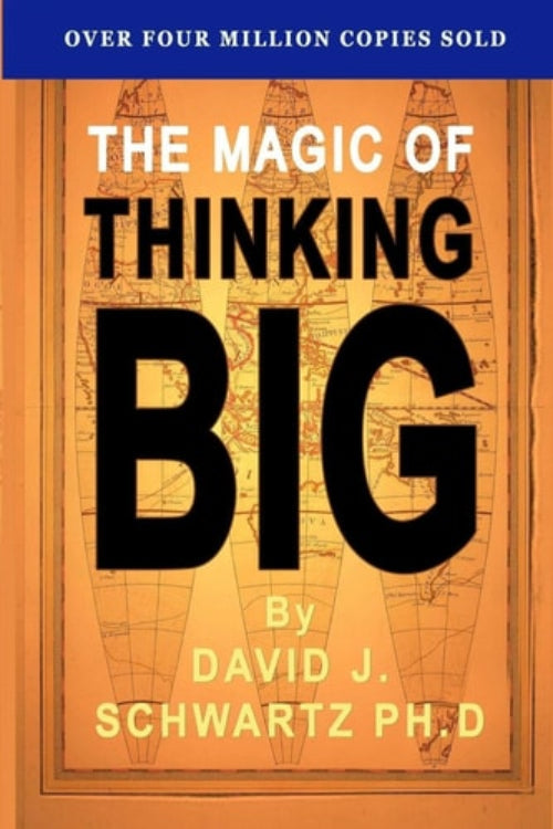 The cover of the book 'The Magic of Thinking Big' by David J. Schwartz, featuring text on a background that includes a sketch of a person's profile.
