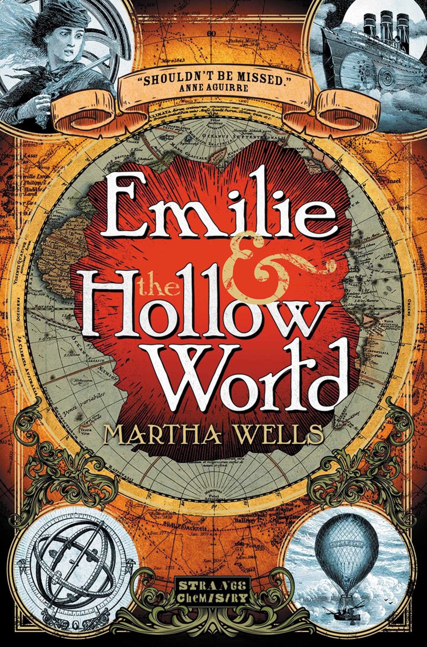 Book cover for 'Emilie the Hollow World' by Martha Wells, featuring a vintage map design with a large red central shape, white title text, and illustrated historical elements including a ship, portrait, globe, and hot air balloon.