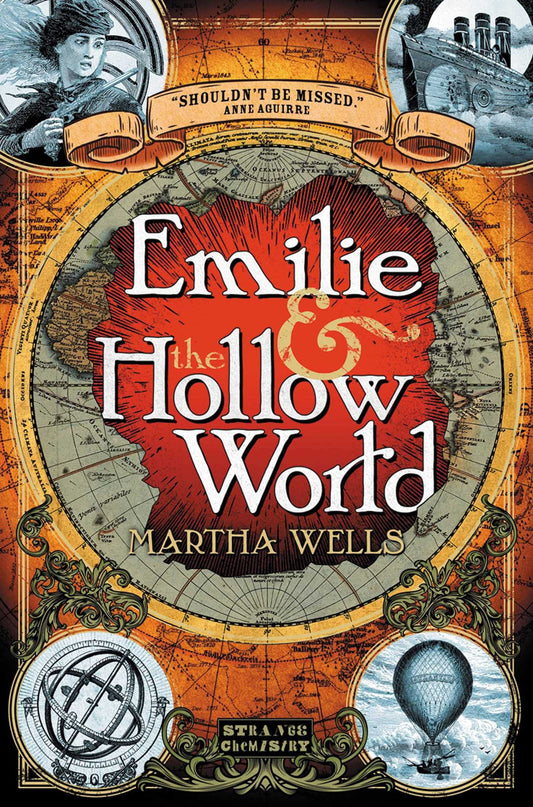 Book cover for 'Emilie the Hollow World' by Martha Wells, featuring a vintage map design with a large red central shape, white title text, and illustrated historical elements including a ship, portrait, globe, and hot air balloon.