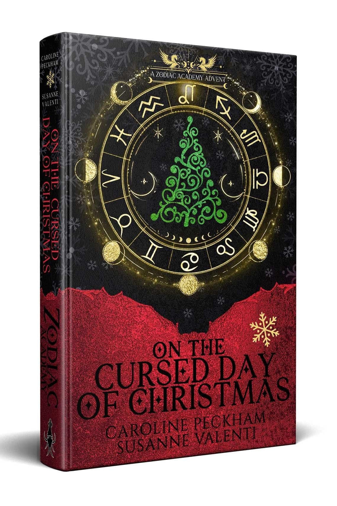 Book cover of 'On the Cursed Day of Christmas' with zodiac symbols and Christmas tree design.