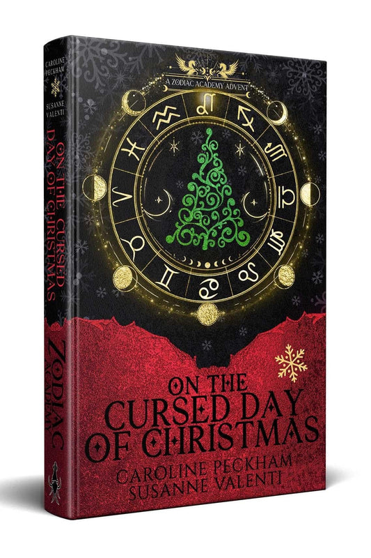 Book cover of 'On the Cursed Day of Christmas' with zodiac symbols and Christmas tree design.