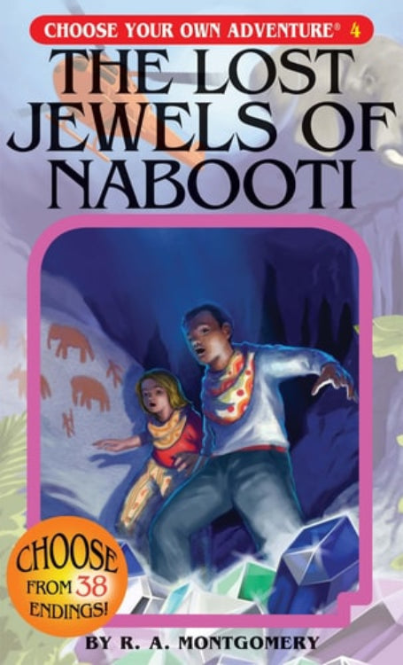 Cover of 'The Lost Jewels of Nabooti' showing two characters running with a sense of urgency, with a museum and a jewels in the background, indicating it's part of the 'Choose Your Own Adventure' series.
