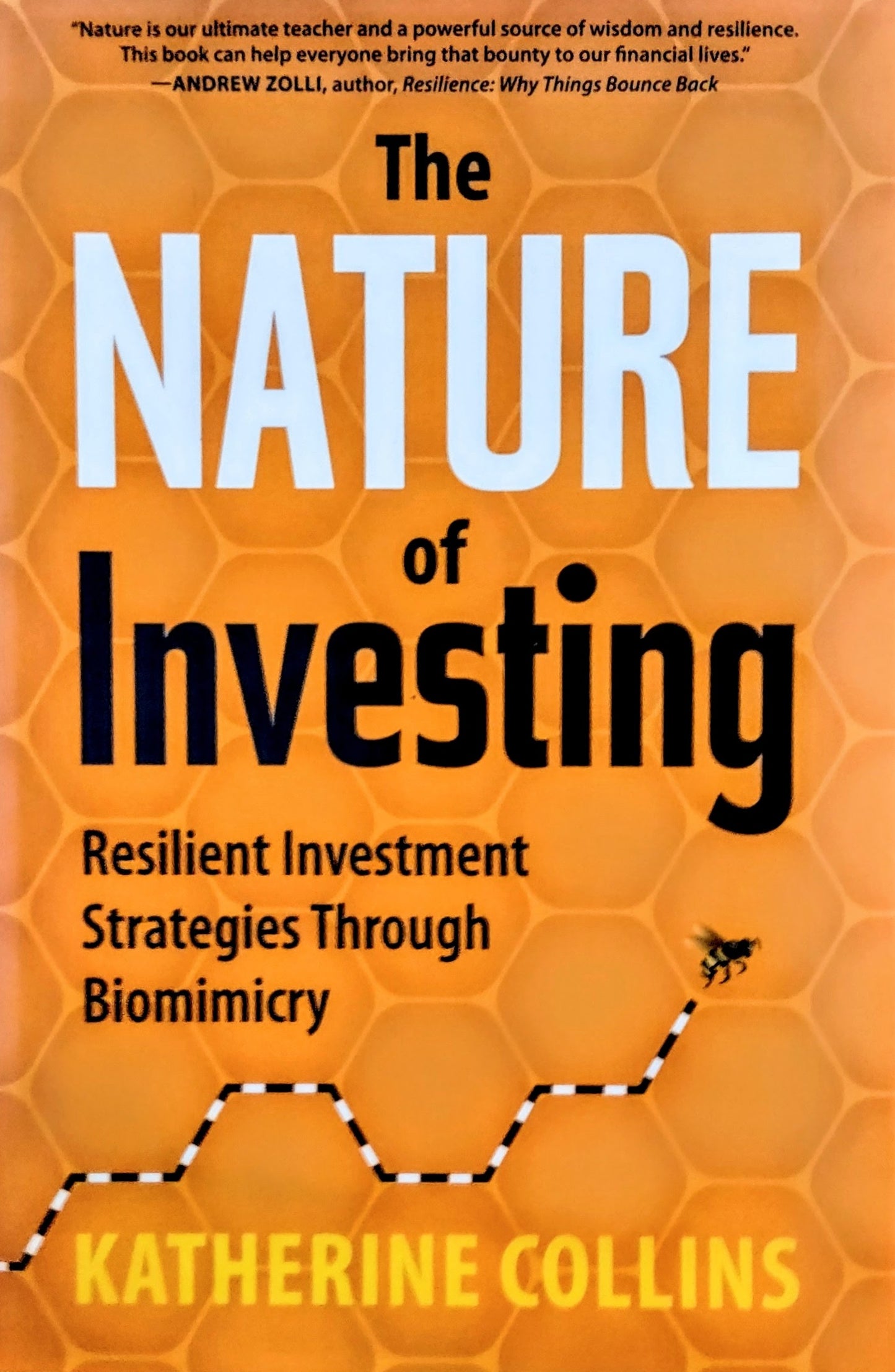 Book cover of 'The Nature of Investing: Investment Strategies' by Katherine Collins with an orange background and honeycomb pattern.