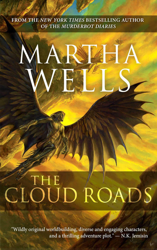 Book cover of 'The Cloud Roads' by Martha Wells with a dragon and sunset background.