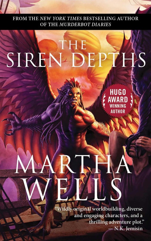 Book cover of 'The Siren Depths' by Martha Wells with a fantasy creature and woman on a boat.